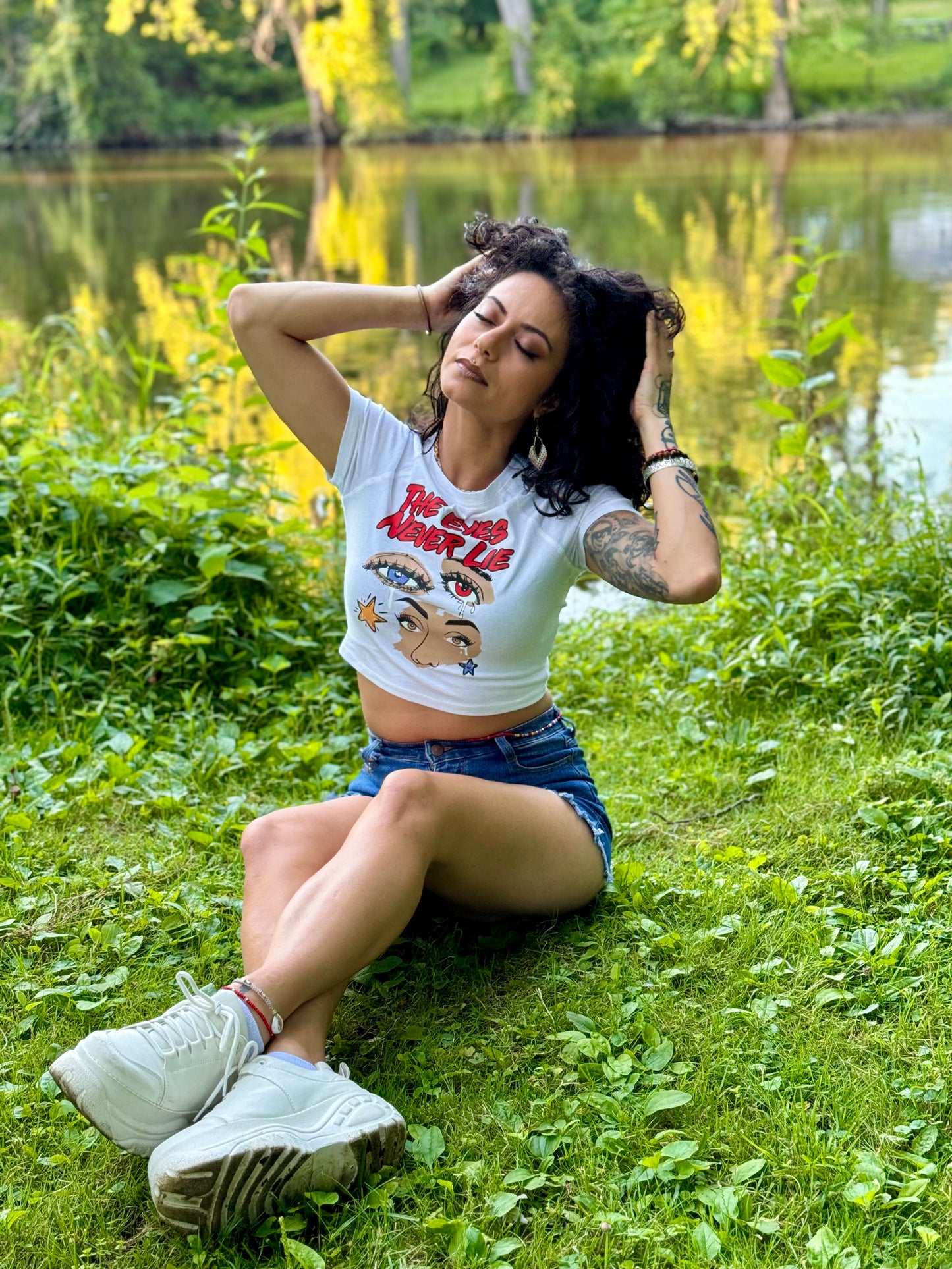 The Eyes Never Lie White Fitted Cropped Tee