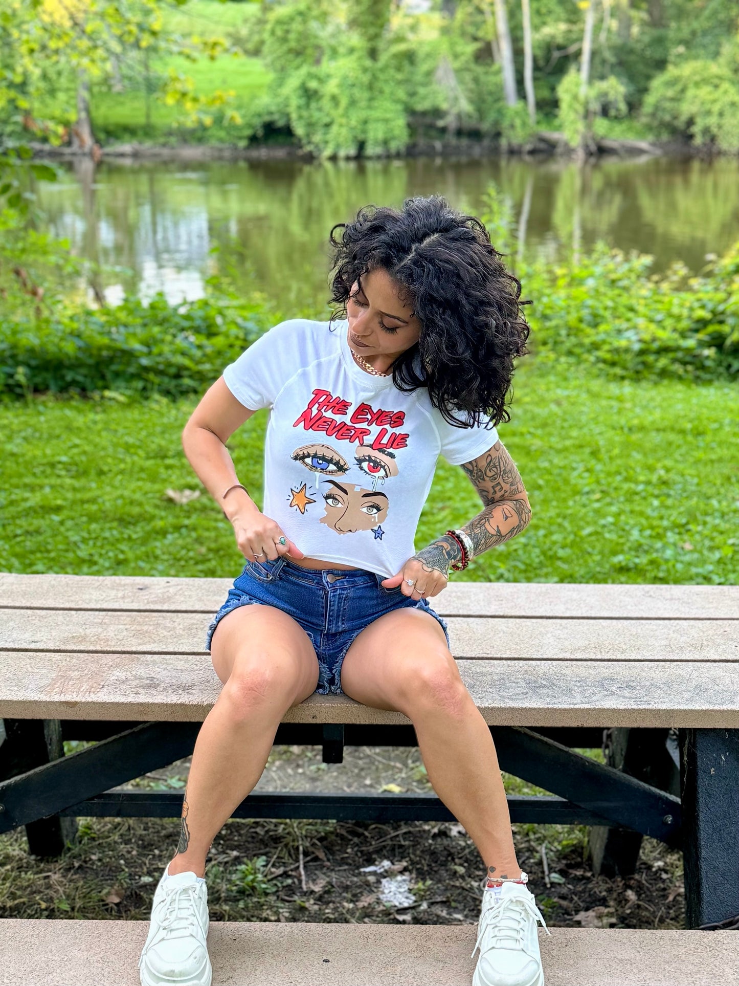 The Eyes Never Lie White Fitted Cropped Tee